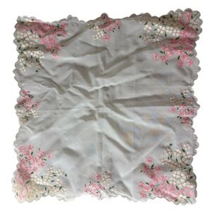 Vintage White Handkerchief Pink Floral Embroidery Scalloped Edge Bows 12.5in